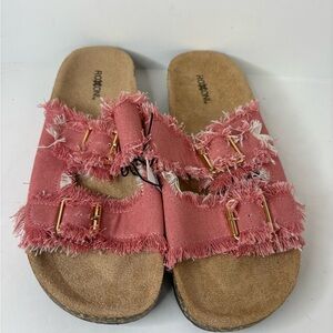 Roxoni Women's Comfort Pink Frayed Flat Double Buckle Adjustable Straps Sandals